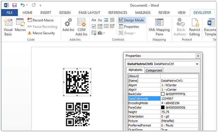 Barcode DataMatrix QRCode Aztec Code128 in Microsoft Word Office