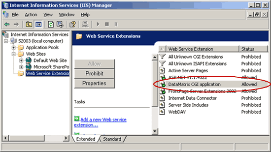 Add bar code CGI application into the IIS 6.0 Web Service Extensions