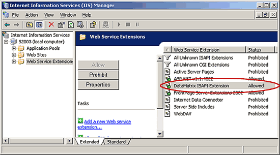 Add bar code ISAPI extensions into the IIS 6.0 Web Service Extensions