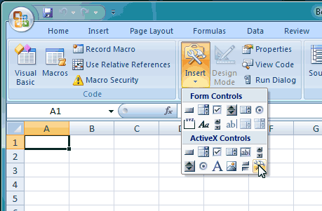 Insert the barcode ActiveX into the Excel 2007 worksheet