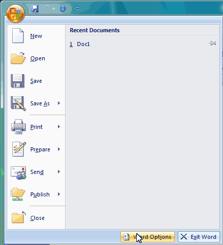 Open Word 2007 Options dialog