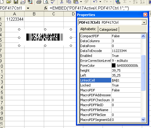 Excel and PDF417 Barcode ActiveX linking