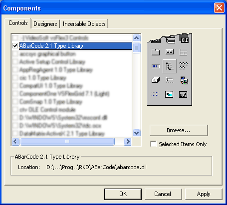 Select the Barcode ActiveX from the Visual Basic components