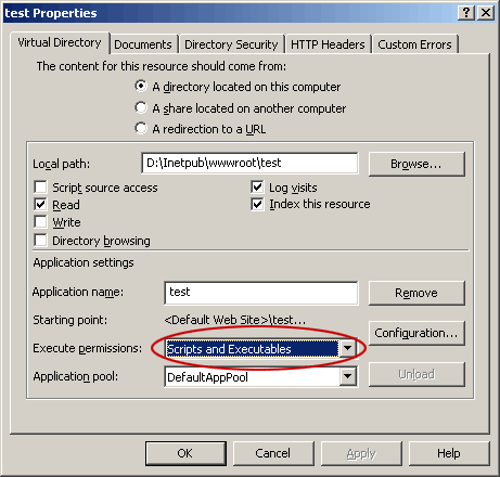 Setup IIS 6.0 barcode execute permissions