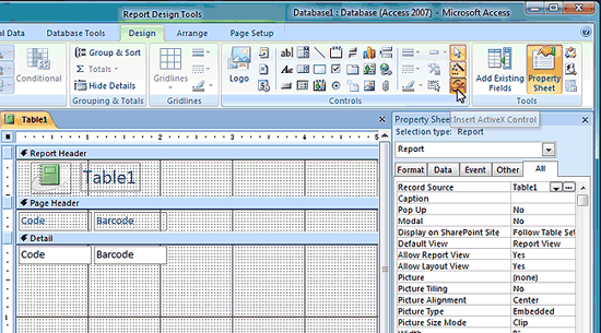 Create the report and Insert the barcode ActiveX into the Access 2007 report