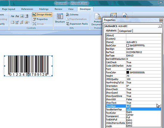 Adjust the properties of the barcode