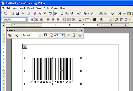 Bar code image on the OpenOffice application.