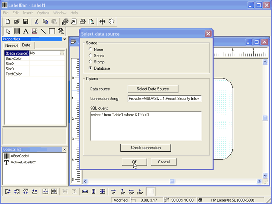 Select the data source for barcode label